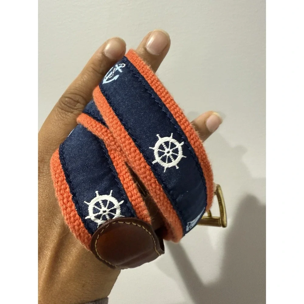 Mens Canvas Leather Belt Anchor‎ Wheel Navy Blue Orange Size 34 36